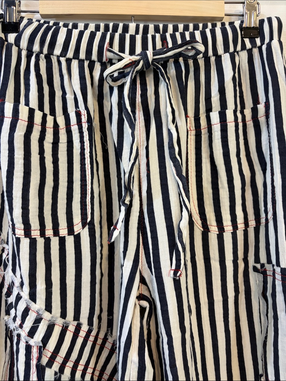 NEW POL Double Gauze Lace See-Through Patch Navy Stripe Woven Pants - Picture 11 of 13